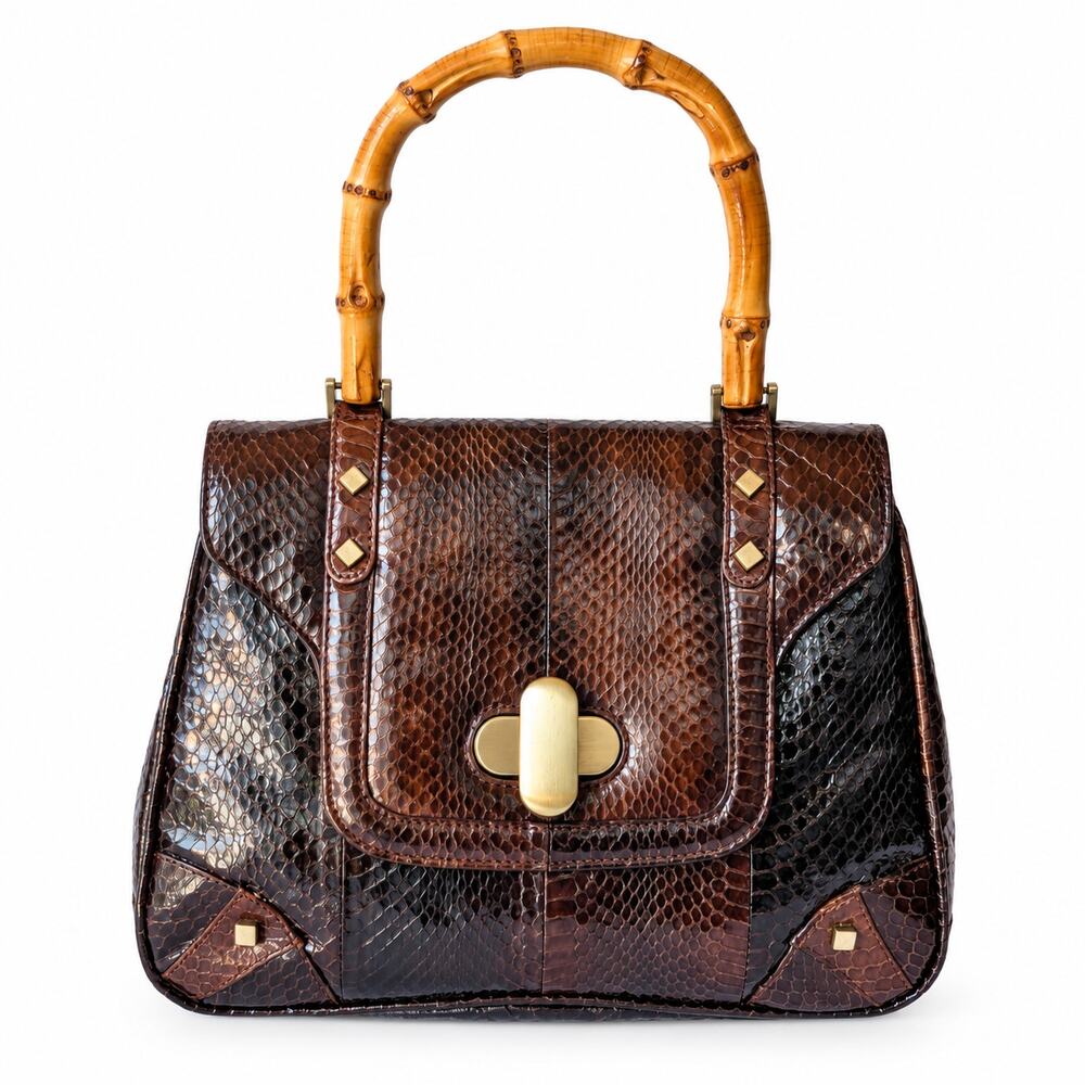 Vintage Genuine Snakeskin Handbag Brown Bamboo Handle Top Handle Bag
